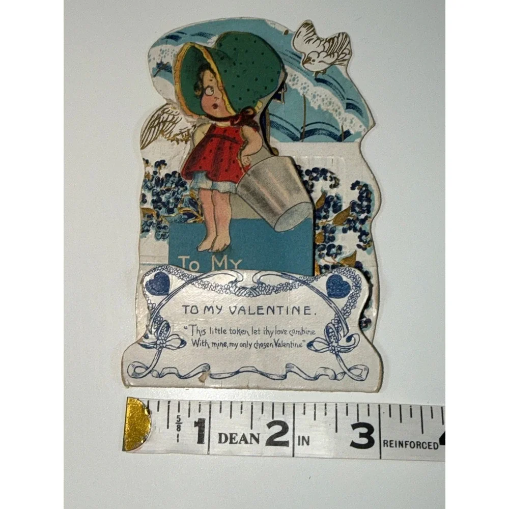 VTG Valentine Card Blue Girl with Pail Mechanical Pop Up Ephemera Junk Journal
